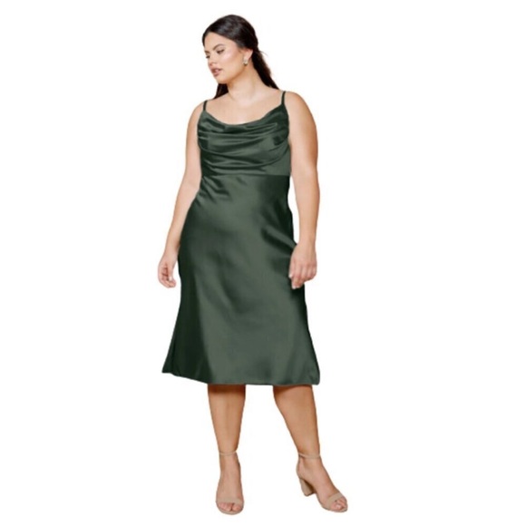 Revelry Skye Dark Olive Green MIDI Satin Slip Dress - Picture 1 of 4